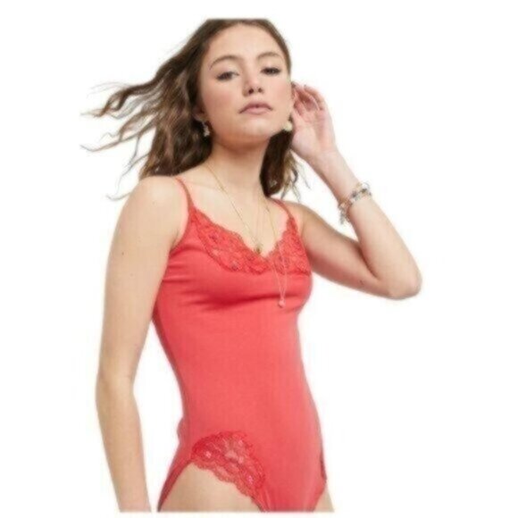 NWT Free People Red Bodysuit w/Lace Inset Small - Picture 1 of 8